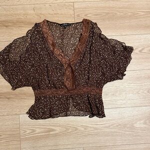 Heart Moon Stars Brown Sheer Lace Blouse